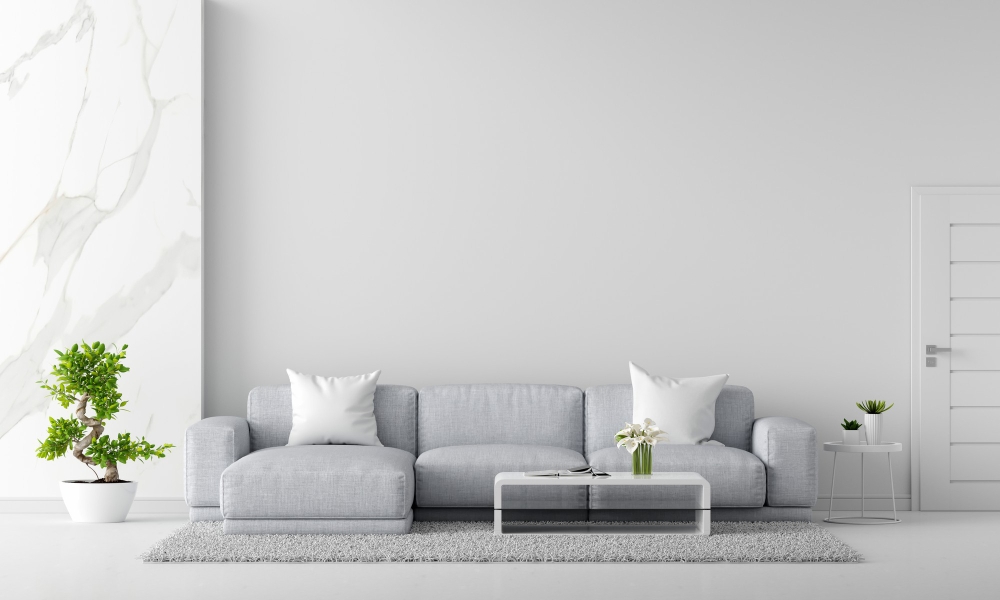 sala minimalista com tons de cinza e branco